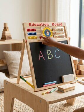2-in-1 Wooden Easel Board, Magnetic Alphabet & Chalkboard Toy